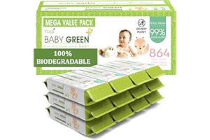 YUGI BABY GREEN Yugi Green Baby Wipes for Babies Unscented, Compostable, Biodegradable, Plant-Based, Fragrance-Free, for Sensitive Skin, 12 Packs,72 Count,864 wipes