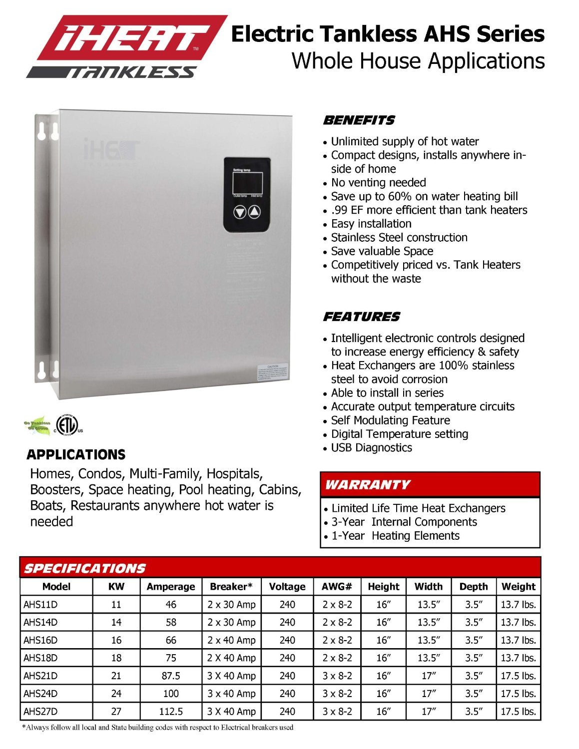 Iheat Electric Tankless Water Heater Model AHS27D Buy Online in UAE