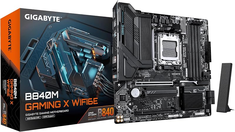 GIGABYTE B840M Gaming X WIFI6E Motherboard – CPUs AMD Ryzen 9000, VRM de 8+2+2 fases, até 8200 MHz DDR5 (O.C.), 2× M.2 PCIe 4.0, Wi-Fi 6E, 2,5 GbE LAN, USB 3.2 Gen 1