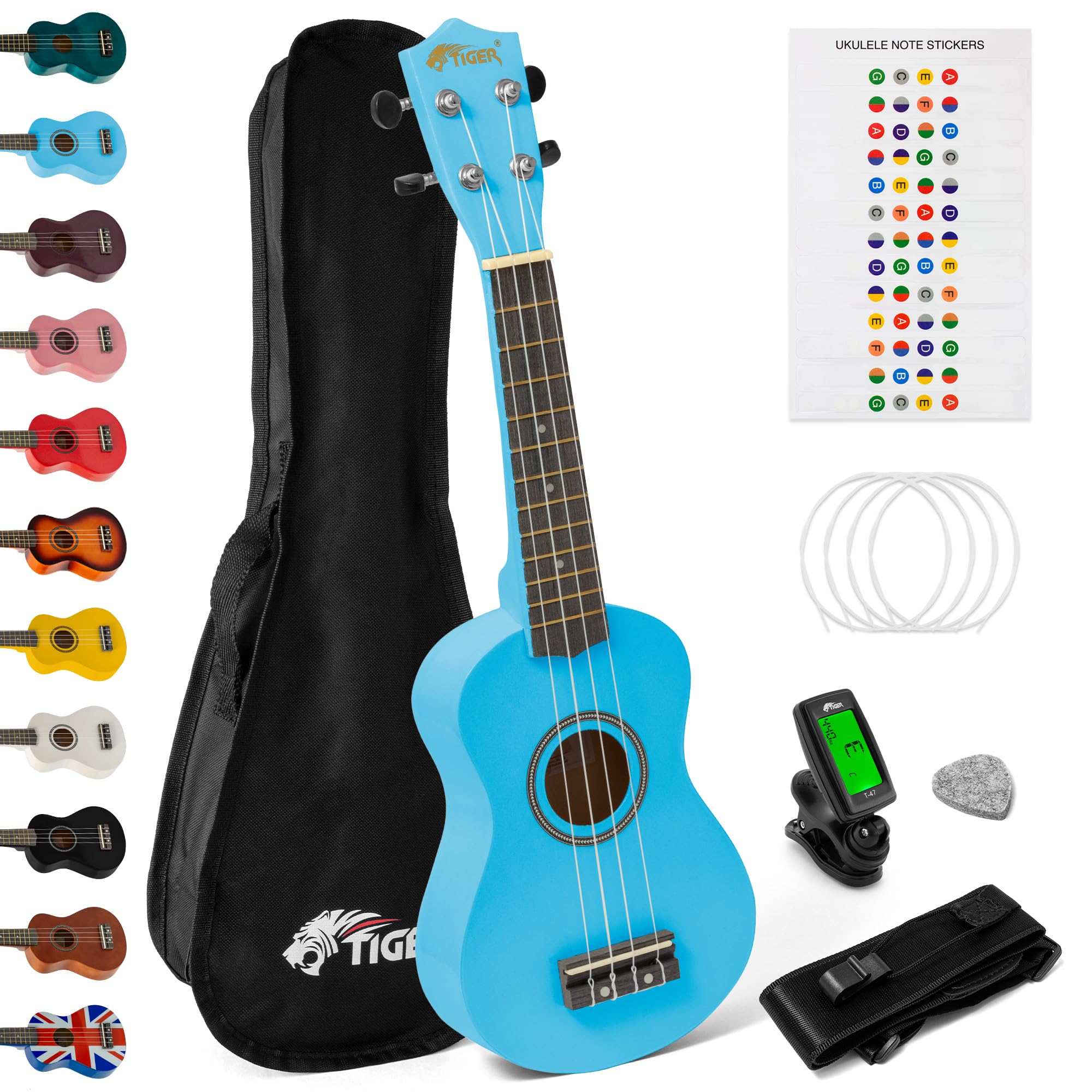 Tiger UKEKIT-BL Soprano Ukulele Kit – Suitable for Beginners and Children – Chromatic Tuner, Strap, Carry Bag, Notes Sticker, Felt Pick, Spare Strings, with Aquila Strings Fitted - Blue