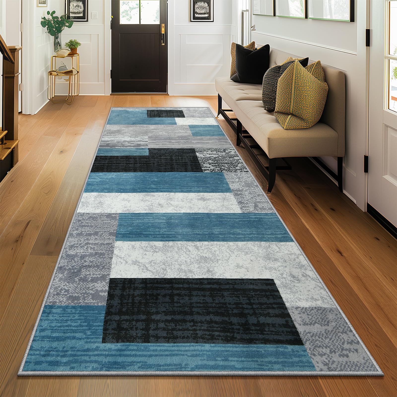 Photo 1 of Indoor Runner Rug, Washable Runner Rug with Rubber Backing, Modern Geometric Patchwork Aesthetic Carpet for Bedroom, Living Room, Hallway, Entryway, Washable Rug Rockwood Collection, 2x6 Ft Blue