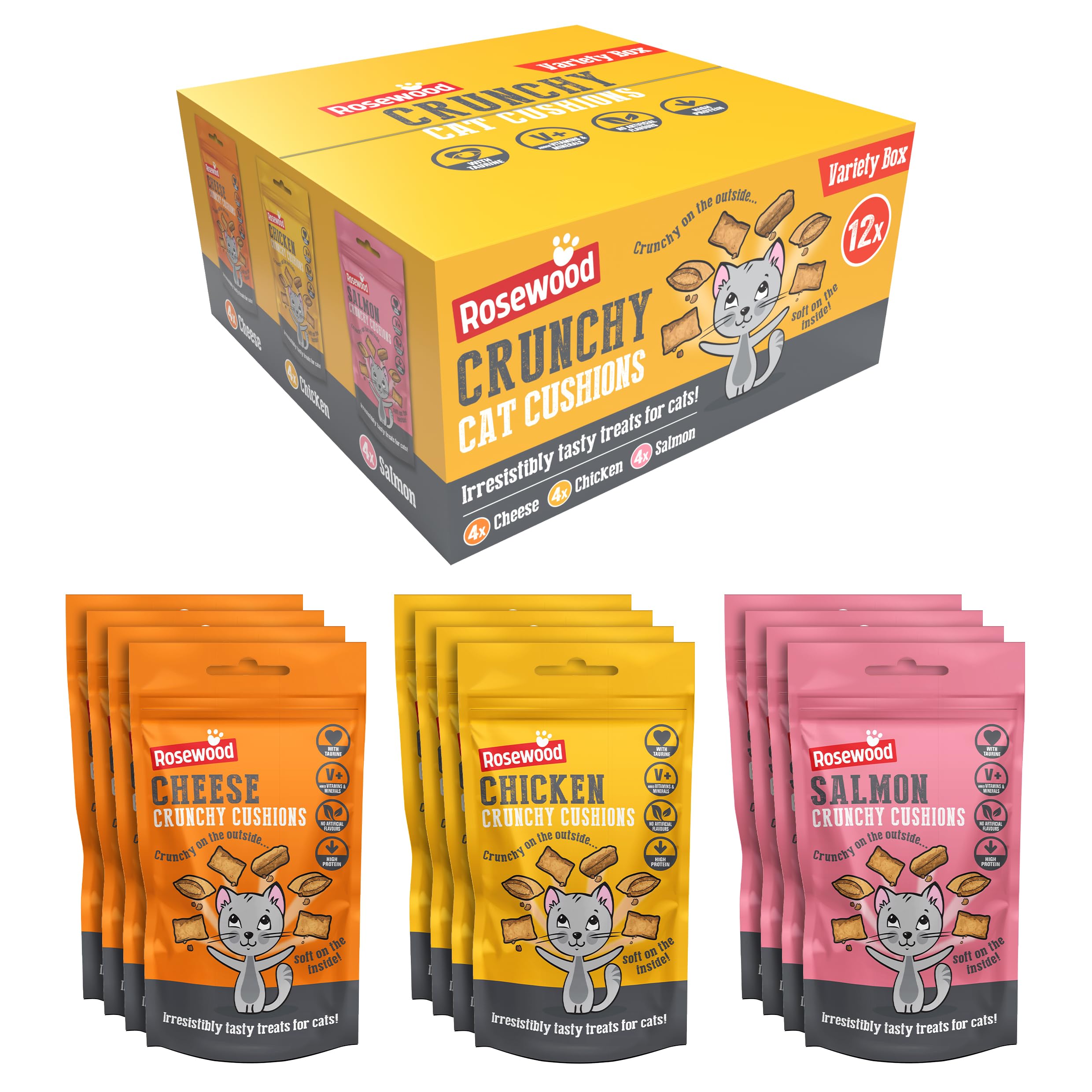 Rosewood Daily Eats Crunchy Cushions Variety Box - Chicken, Cheese, and Salmon Treats for Cats, Tasty Cat Treats with Taurine, Added Vitamins and Minerals, Small Bite Sized Cat Snacks (12pc, 720g Box)