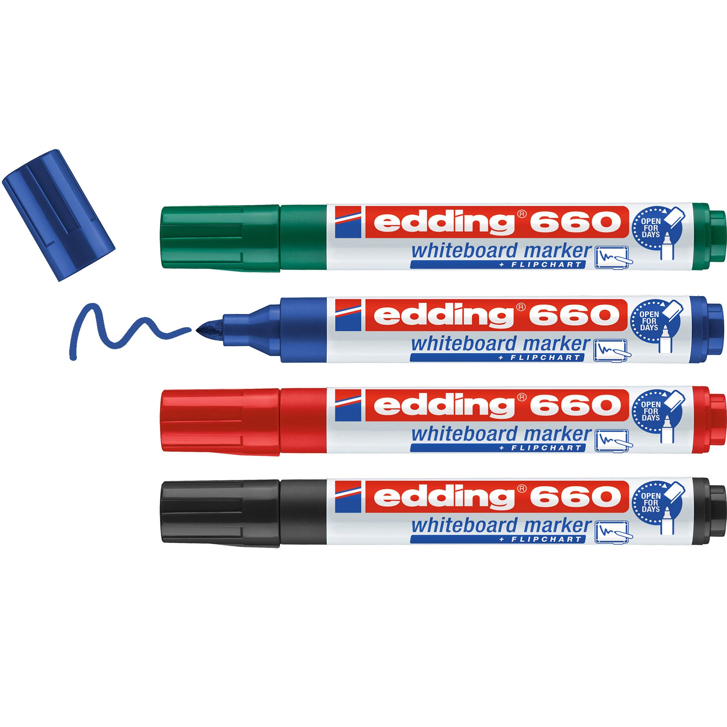 edding 660 whiteboard marker set - multi-coloured - 4 whiteboard pens - round nib 1.5-3 mm - whiteboard pen dry wipe - for whiteboards, flipcharts, magnetic, memo boards - sketchnotes - refillable — image 1