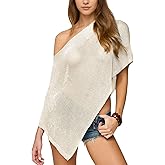SeeLuNa Women Cover Up One Shoulder Knit Asymmetric Shrug Pullover Sweater Trendy Beach Vacation Sheer Poncho Mesh Blouse