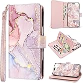 Fingic for iPhone 16 Wallet Case(NOT fit for iPhone 16 Plus/iPhone 16 Pro/iPhone 16 Pro Max)[with 9 Card Holder] Marble Rose Gold PU Leather Detachable Wrist Strap Fullbody Slim Shockproof Case,2024