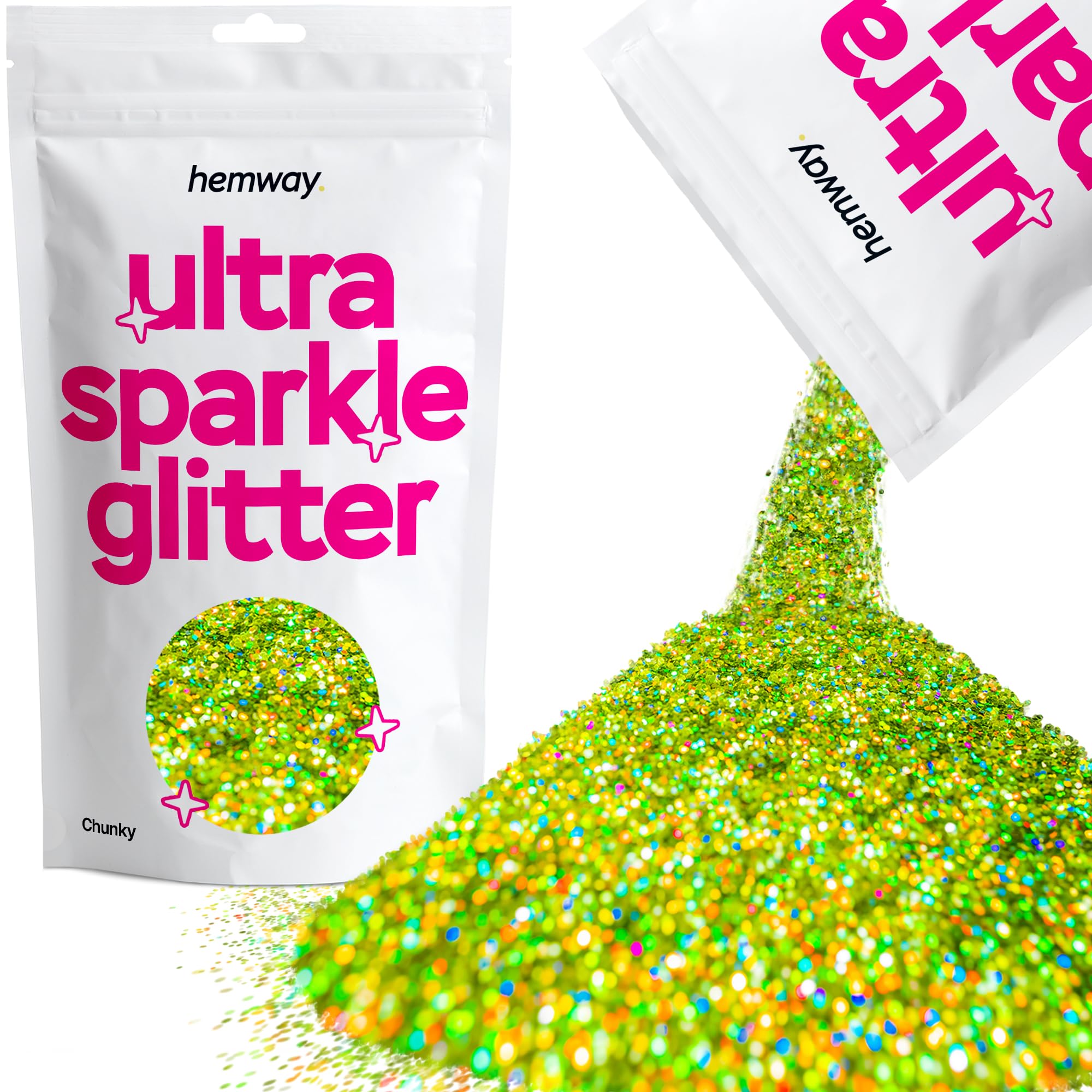 Hemway Ultra Sparkle Glitter Lime Green Holographic 100g Chunky | Glitter for Arts & Craft, Makeup, Nail Art, Crafting, Card Making, Sparkle Decoration