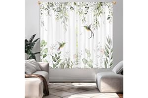 Famiffty Green Leaves Hummingbird Window Curtains 29W X 63L Inch 2 Panels Rod Pocket Eucalyptus Bird Cortinas para Cocina Bedroom Curtains Floral Over Sink Window Drapes Living Dining Room Home Decor
