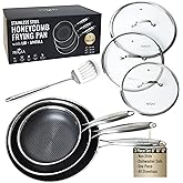 MUGAA Stainless Steel Frying Pan Set, Sartenes de Acero Inoxidable 3-Piece Honeycomb Nonstick Skillets 8", 10", 12" With Lids, Spatula, Oven & Induction Compatible, Dishwasher Safe Pan Set