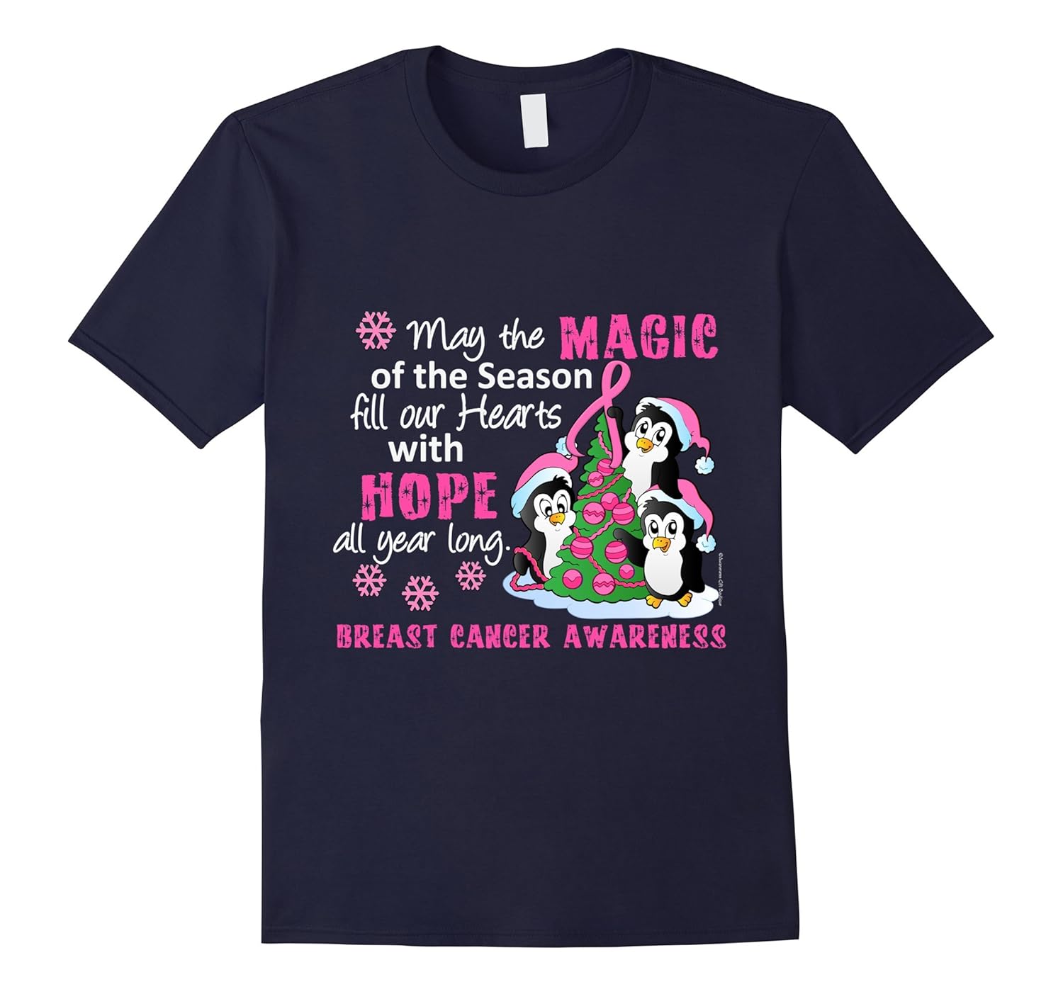 Breast Cancer T-Shirt Christmas Holiday Penguins-Rose