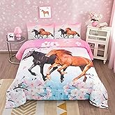 Feelyou Girls Horse Comforter Set Full Size Galloping Horses Bedding Set for Kids Teens Cherry Blossom Comforter 3D Wild Animal Duvet Set Farmhouse Bedroom Decor Quilt Set with 2 Pillow Cases 3Pcs