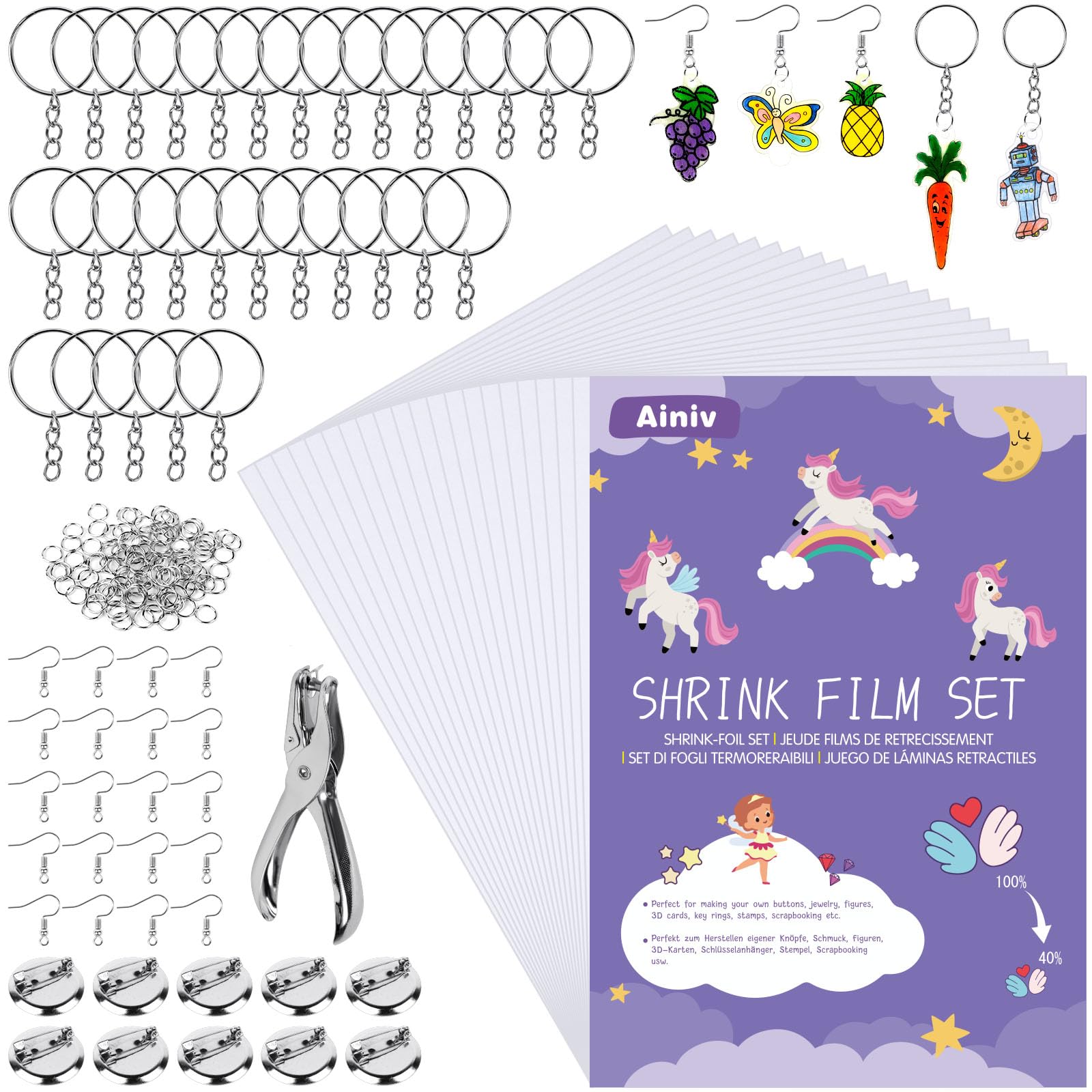 Ainiv 181 PCS Heat Shrink Plastic Sheets Pack, Shrinky Art Crafts Set Include 20 PCS Blank Shrinky Art Film Paper with 161 PCS Keychains Accessories, DIY Hand Made Ornaments Creative Craft