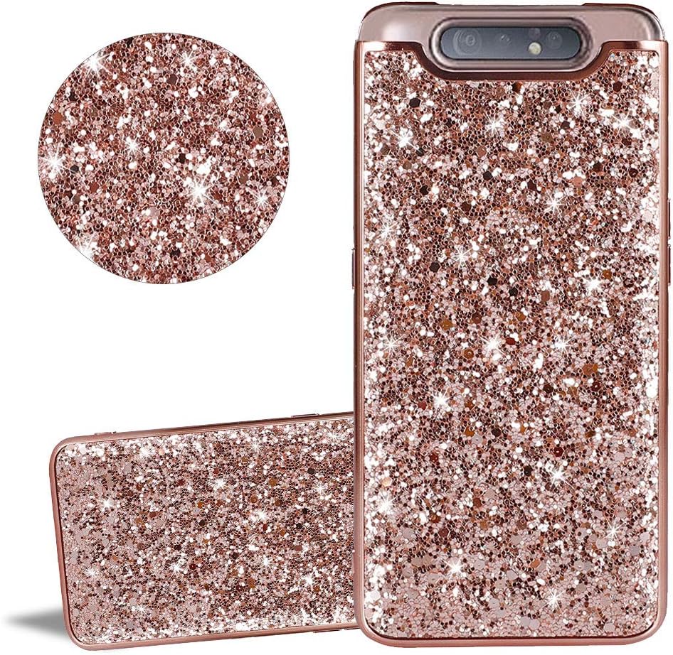 YiCTe Solid Color Glitter Case for Samsung Galaxy A80，Luxury Bling Sparkle Plating Dual Layer Hard PC Back +Soft TPU Inner Protective Cover Shockproof Slim Fit TPU Silicone Case，Rose Gold