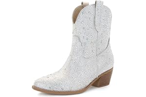SOVANYOU Women's Rhinestone Cowboy Boots Pointed Almond Toe Block Heel Sparkly Cowgirl Boots