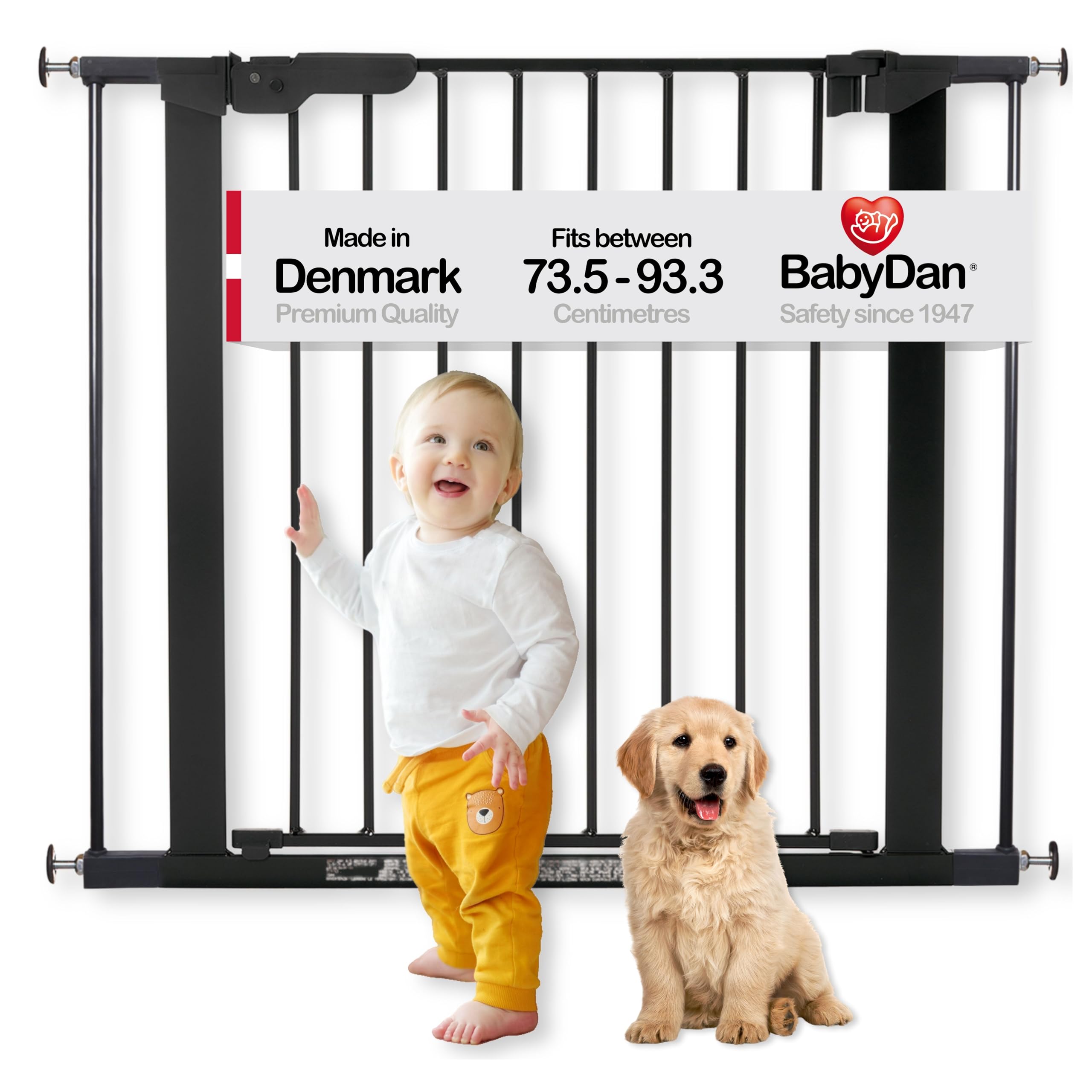 BabyDan Premier, Pressure Fit Stair Gate, Covers openings between 73.5-93.3 cm/28.9-36.7 inches, Baby Gate/Safety Gate, Metal, Black, Made in Denmark - (Pet Gate/Dog gate) — image 1
