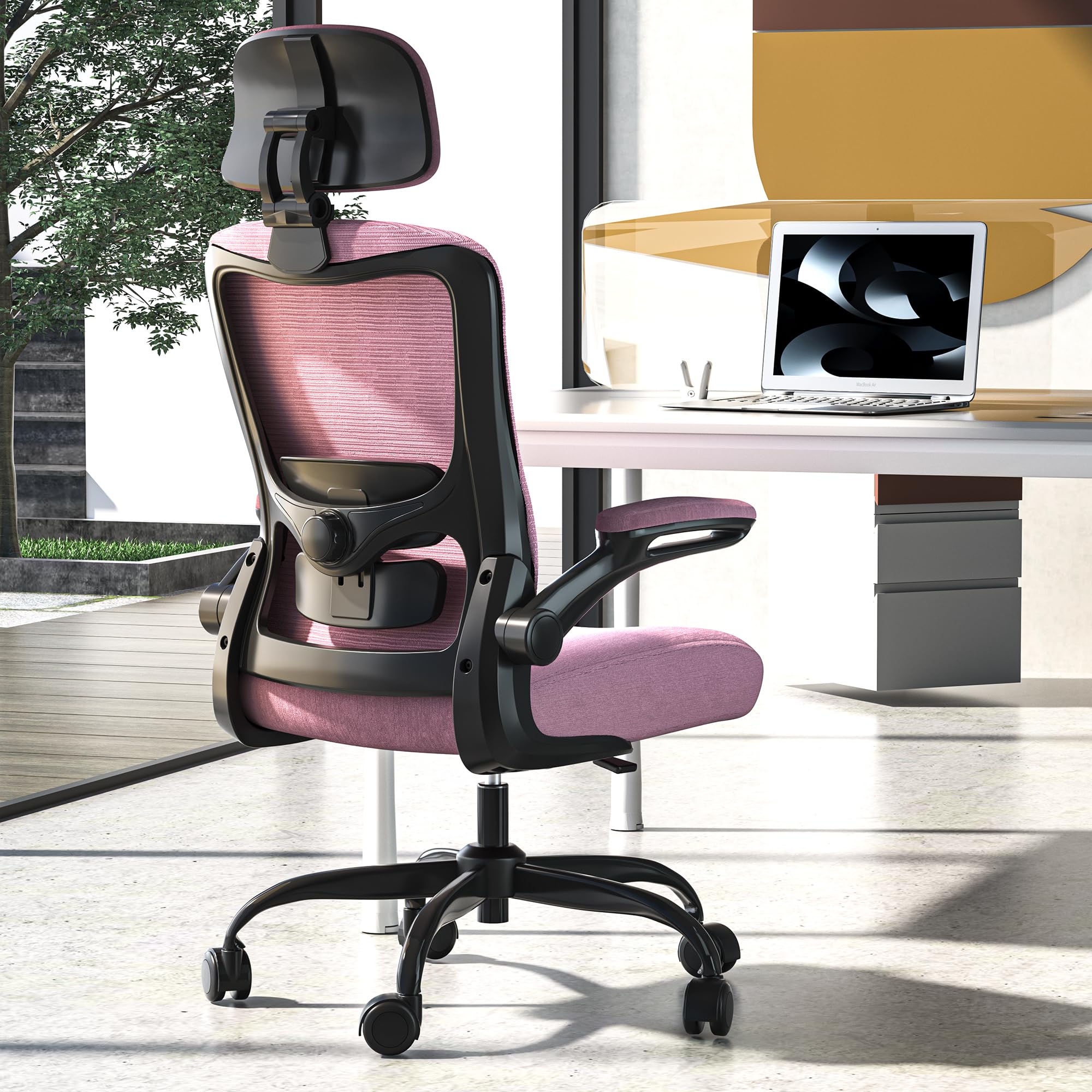 Ergonomic Office Chair, High Back Mesh Desk Chair with Adjustable Lumbar Support & Headrest, Flip-up Armrest, Computer Task Chairs for Home and Executive Office (B-Light Purple)