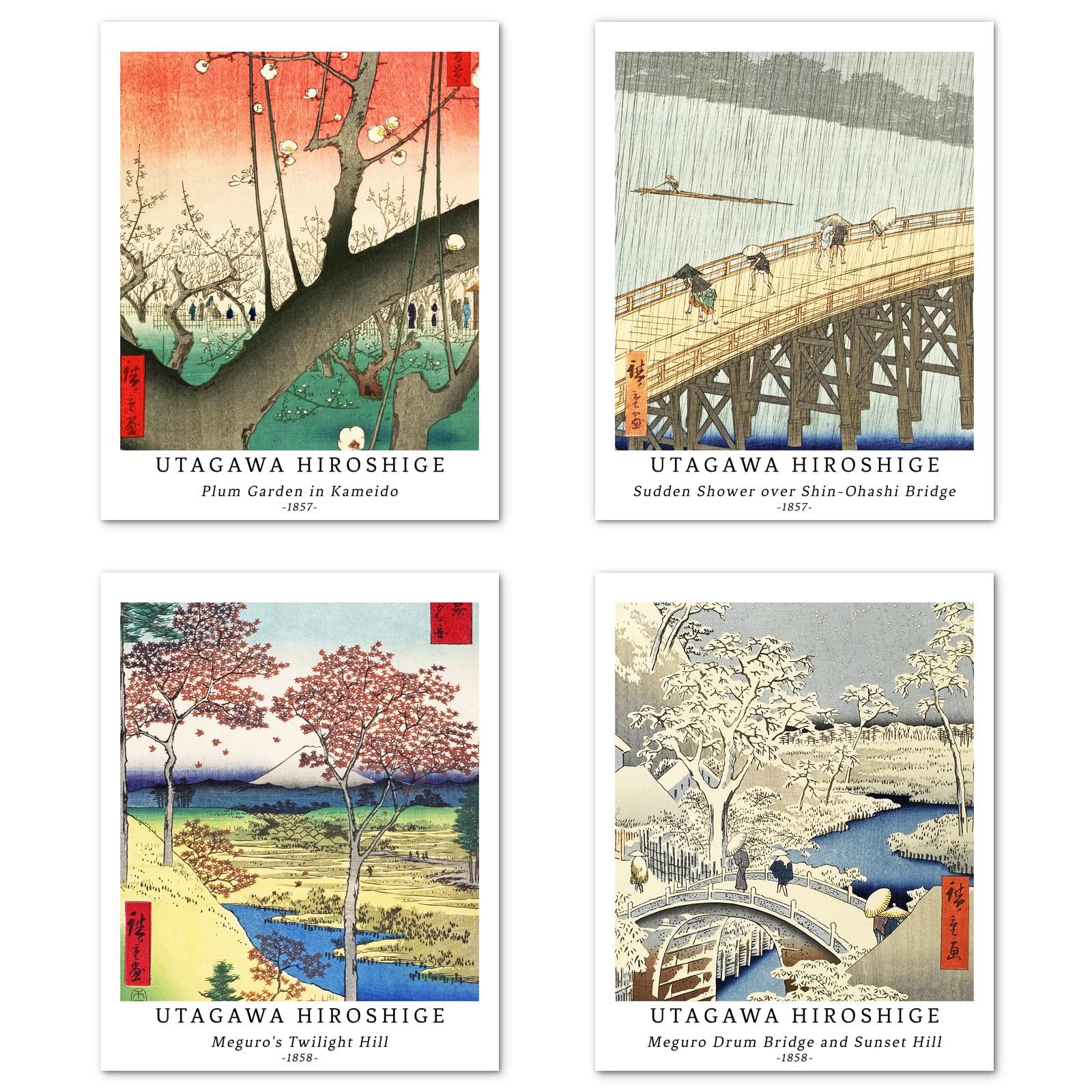 Berkin Arts Wall Art Unframed Prints Giclee Art Paper Set of 4, 11x14 inch Japanese Ukiyo-e Artwork, Bathroom Decoration Aesthetic Rustic Nature Colorful Wilderness Elegant Utagawa Hiroshige Poster