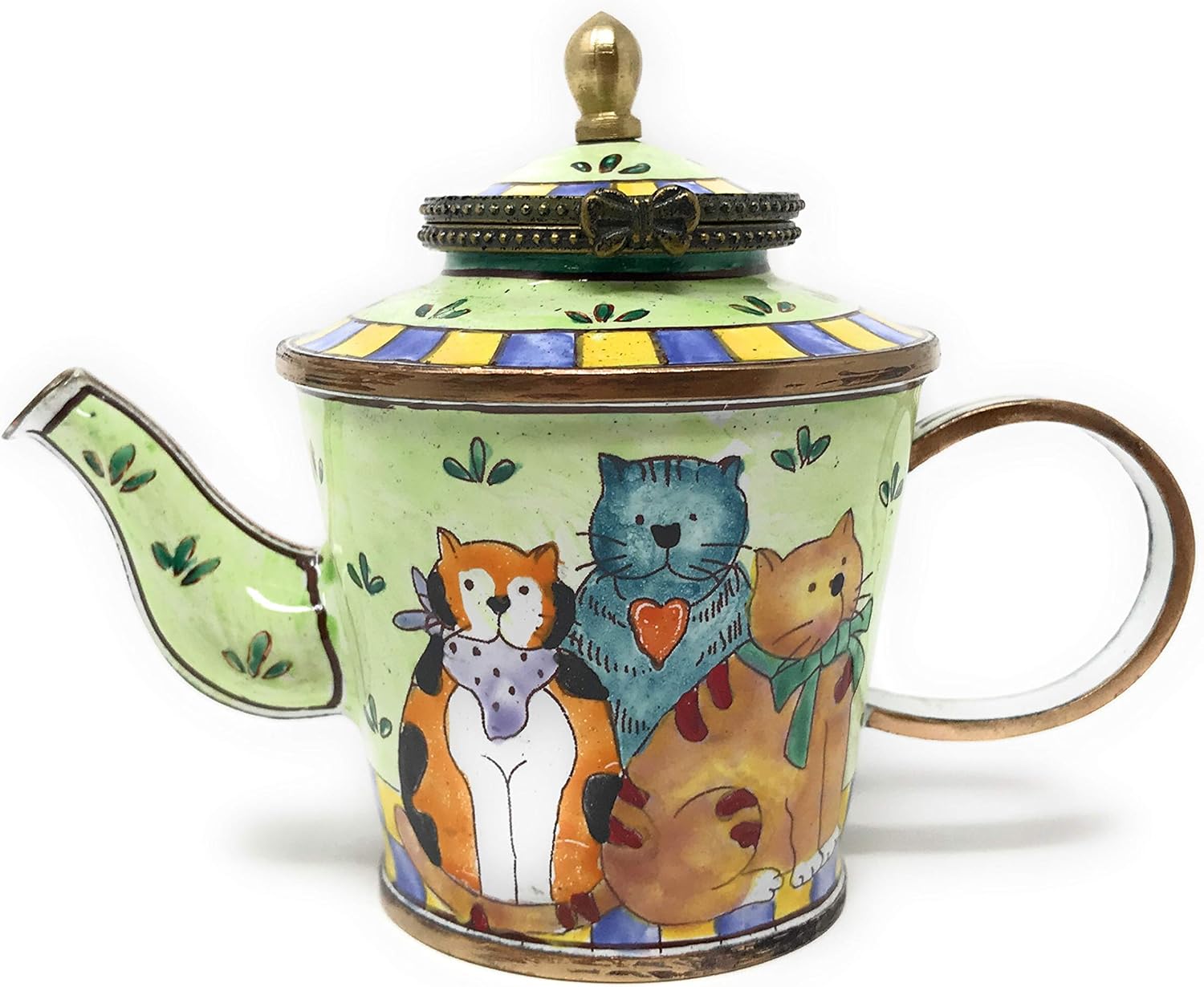 3 Cowboy Cats Miniature Teapot by Kelvin Chen, Enameled with Hinged Lid