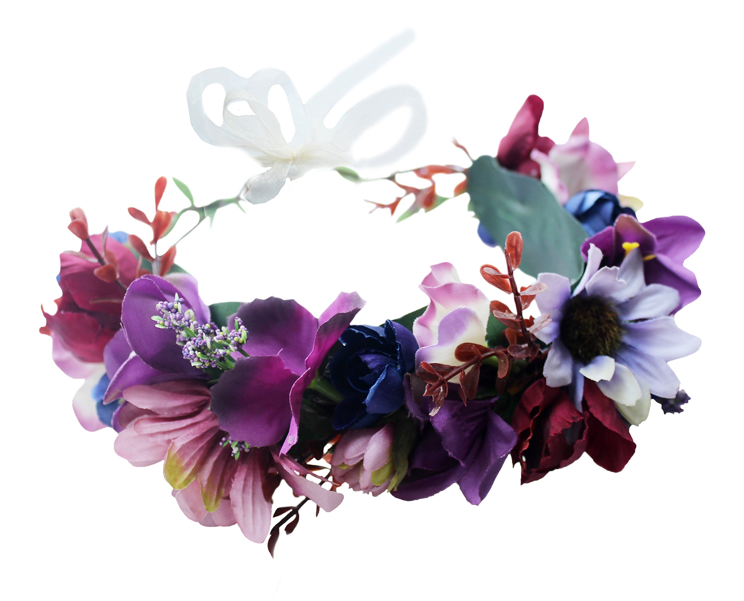 Floral Crown Headband Flower Garland Headband Hair Wreath Hair Garland Flower Halo Floral Headpiece Boho with Ribbon Wedding Party Festival Purple, One Size — image 1