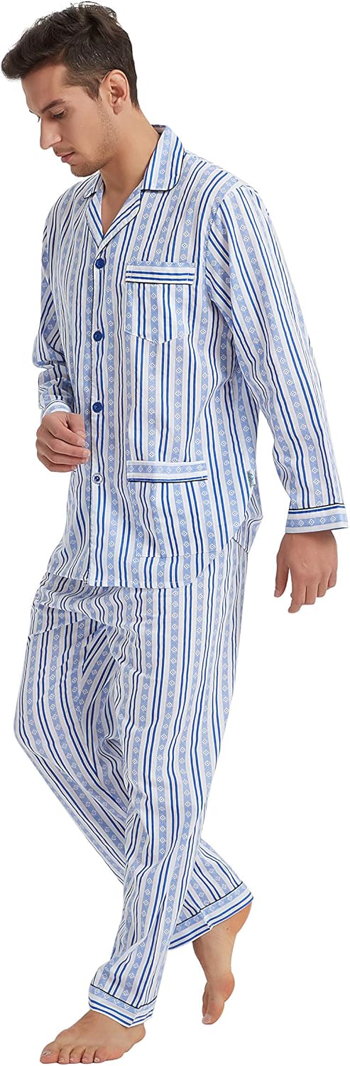 GLOBAL Mens Pajamas Set, 100% Cotton Woven Drawstring Sleepwear Set with Top and Pants/Bottoms at  Men’s Clothing store