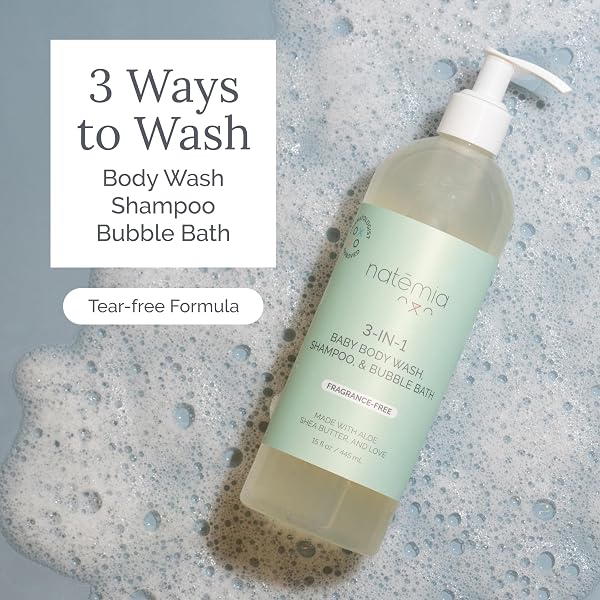 NATEMIA TEAR-FREE 3-IN-1 BABY SHAMPOO, BODY WASH, & BUBBLE BATH DERMATOLOGIST APPROVED MADE WITH SHEA BUTTER AND ALOE 15 FL OZ
