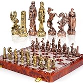 Vintage Figurine Metal Chess Set for Adults and Kids - 15'' Wooden Board with Metal Pieces - Travel Chess Set - Collectible Elegant Game - Family Vintage Board Game