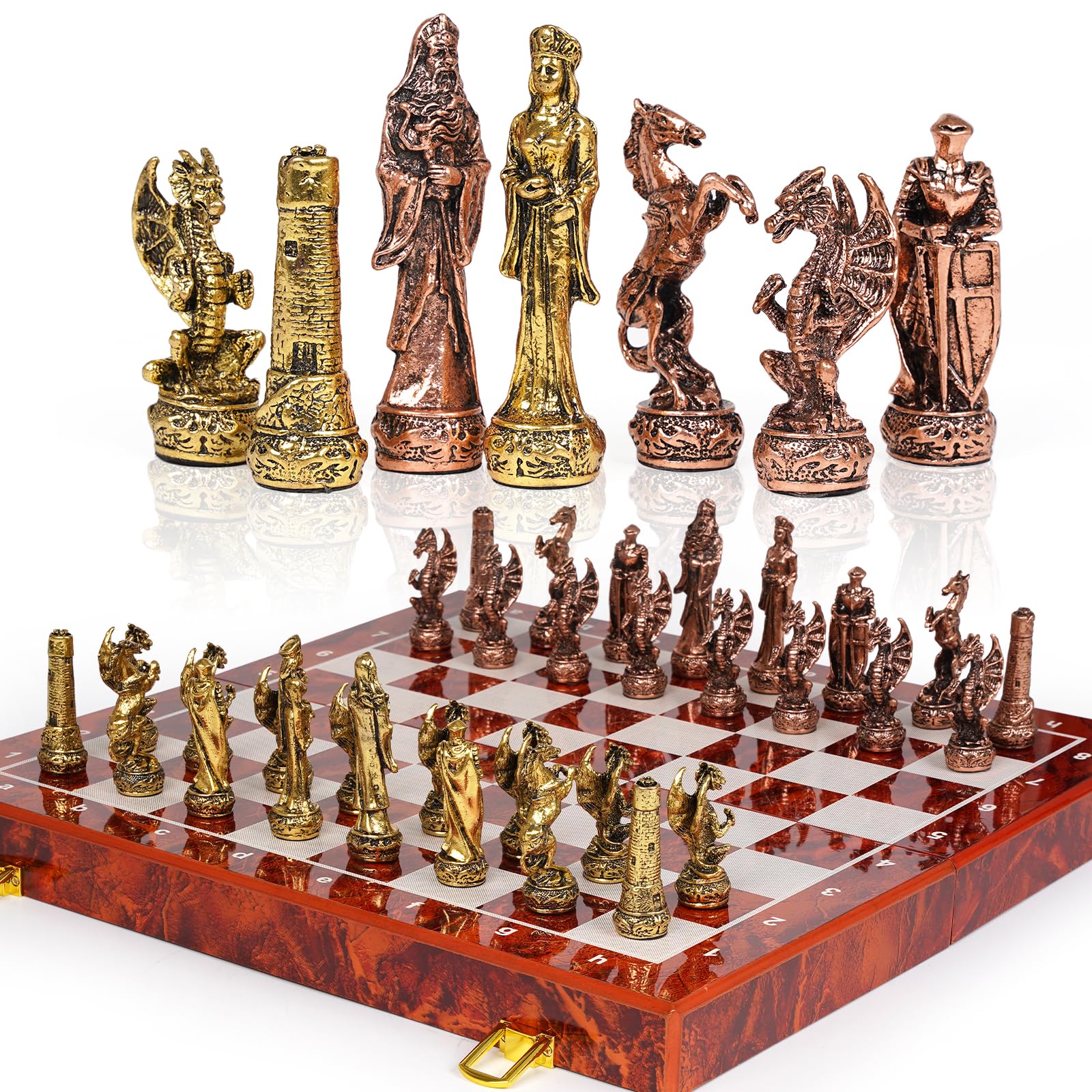 Photo 1 of Vintage Figurine Metal Chess Set for Adults and Kids - 15'' Wooden Board with Metal Pieces - Travel Chess Set - Collectible Elegant Game - Family Vintage Board Game