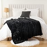 Battilo Black Rabbit Faux Fur Throw Blanket for Couch, Soft Fluffy Ruched Fur Blanket, Cozy Thick Warm Fuzzy Large Mink Blanket for Bed Chair Sofa 60"x80"