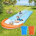Slip Water and Slide, 15ft Extra Long Lawn Water Slides for Kids Adults, Double Lanes Racing Backyard Summer Sprinkler and Splash Water Toy, XL Slip Waterslide with 2 Inflatable Bodyboards Garden Toy