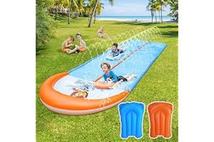 GIAKAN Slip Water and Slide, 22.5ft Extra Long Lawn Water Slides for Kids Adults, Double Lanes Racing Backyard Summer Sprinkler and Splash Water Toy, XL Slip Waterslide with Inflatable Bodyboards Garden Toy