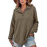 Halife Womens Waffle Knit Tops Button Down V Neck Long Sleeve Henley Shirts Loose Casual Fall Tunic Blouses with Pockets