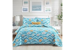 Finlonte Twin Quilt Set, Cute Coastal Design for Kids Boys Girls, Cotton Lightweight Twin Bedspread, Breathable Skin-Friendly Soft Blue Twin Size Quilt for All Season, 2-Pieces