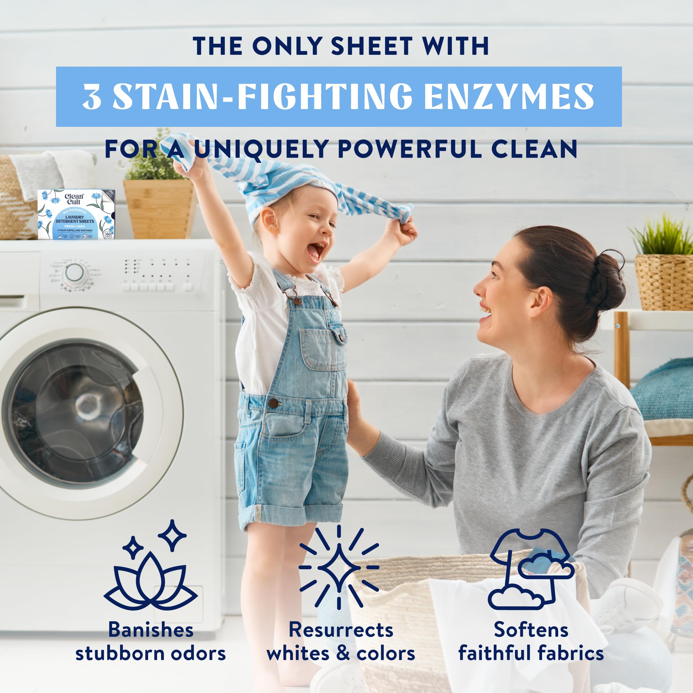 Cleancult Laundry Detergent Sheets - Resealable Box - 3 Stain Fighting Enzymes - Fresh Linen - 60 Loads - Free of Harsh Chemicals - No Mess - No Plastic Waste