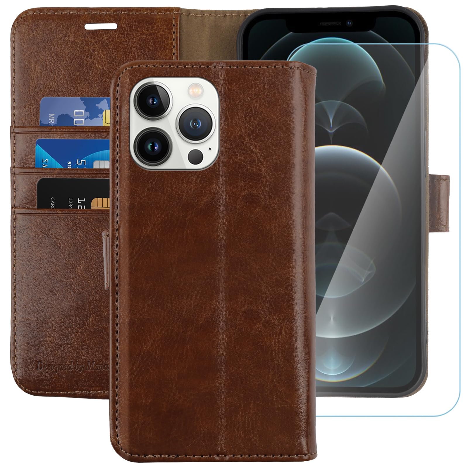 MONASAY iPhone 11 Pro Wallet Case,5.8-inch, [Glass Screen Protector Included][RFID Blocking] Flip Folio Leather Cell Phone Cover with Credit Card Holder for iPhone 11 pro,Brown — image 1