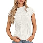 Totatuit Womens Summer Cap Sleeve Tops Casual Mock Neck Loose Fit Knit Lightweight Sweater Pullover Top White