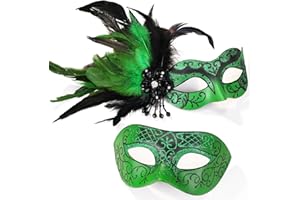 MYSEUNI Green His and Hers Masquerade Masks Set -Feather Masquerade Mask for Couple & Venetian Mask for Masquerade Party, Mardi Gras, Halloween Cosplay Prom, Christmas