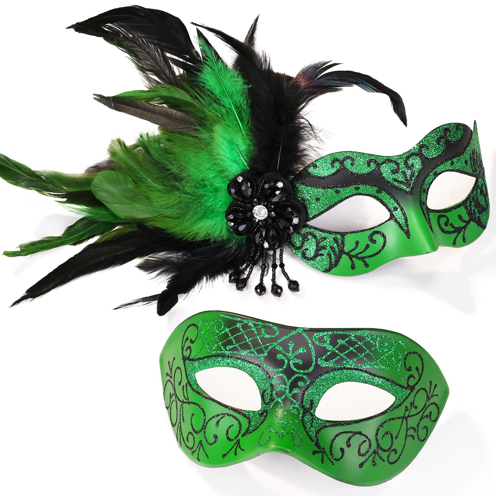 MYSEUNI Green His & Hers Masquerade Mask Set - Feather & Venetian Mask for Parties, Mardi Gras, Halloween, Cosplay, Prom, Christmas