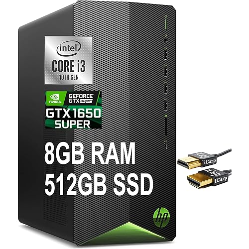 Flagship 2021 HP Pavilion Gaming Desktop Computer 10th Gen Intel Quad-Core i3-10100 (Beats i5-8600T) 8GB RAM 512GB SSD GeForce GTX 1650 Super 4GB USB-C WiFi5 BT4.2 Win10 Black + iCarp HDMI Cable