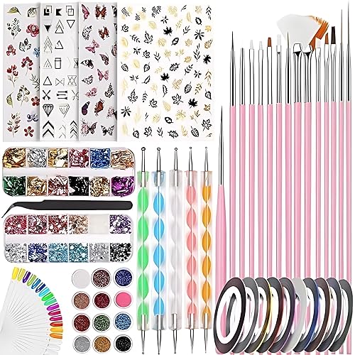121 Pcs Nail Art kit Accessories Nail Art Brushes, Tools, Nail Pen designing Dotting, Colourful Nail foil, Stripping Manicure Tape, Rhinestone, Nail Glitter Powder, Nail File, In Nail Art Kit Set