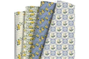 Dtiafu Vintage Floral Wrapping Paper Blue Yellow Retro Rose Bulk Shabby Chic Music lyric Designs for Women Girls Wedding Spring Mothers Day Birthday Holiday Thanksgiving - 20 x 28 Inch Per Sheet (8