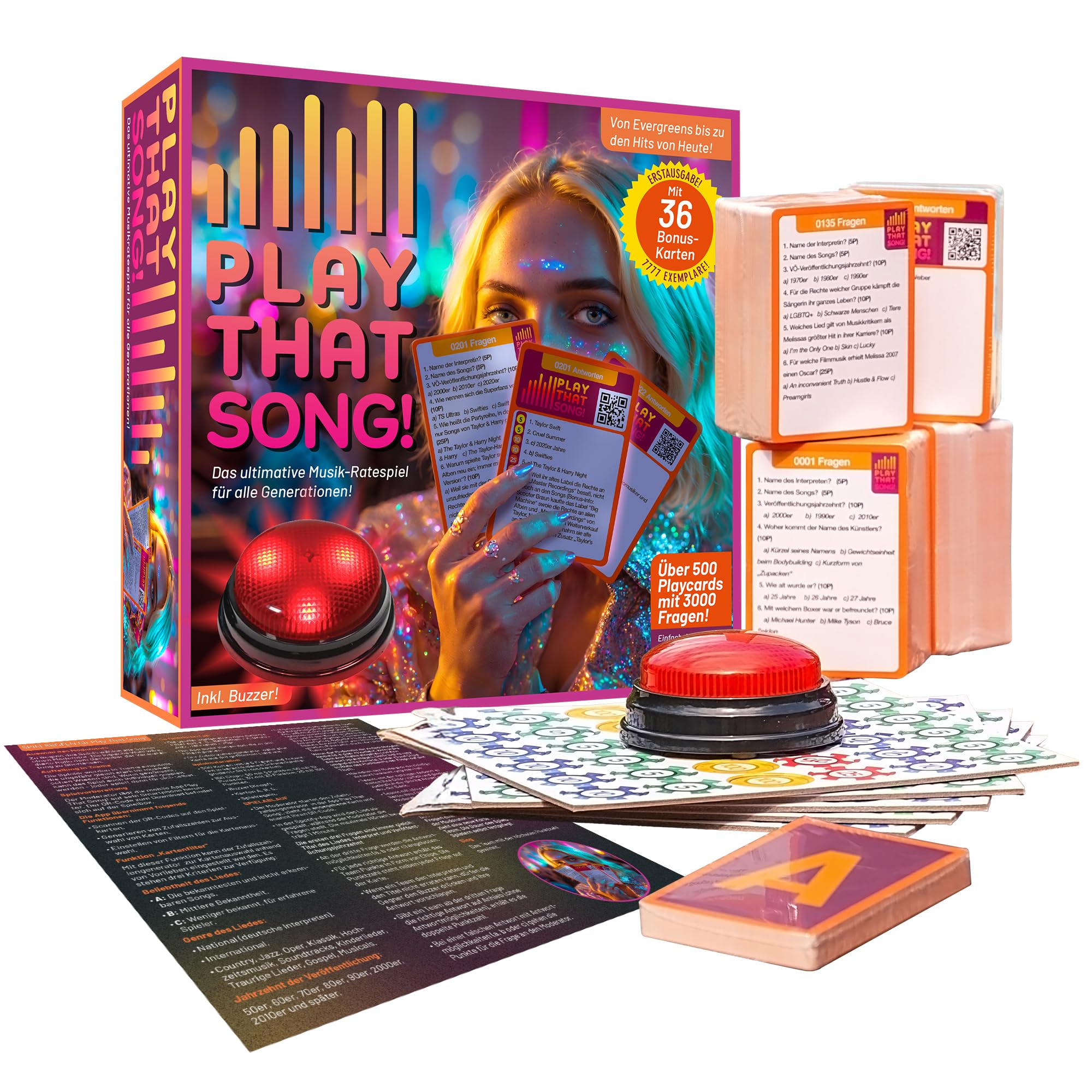 Play That Song! Music Party Game - 500 Playcards, 3000 Questions - Music Quiz Game with App, QR Code & Buzzer - Cheerful Hitstar Party Games for Adults, Teenagers, Families & Birthdays