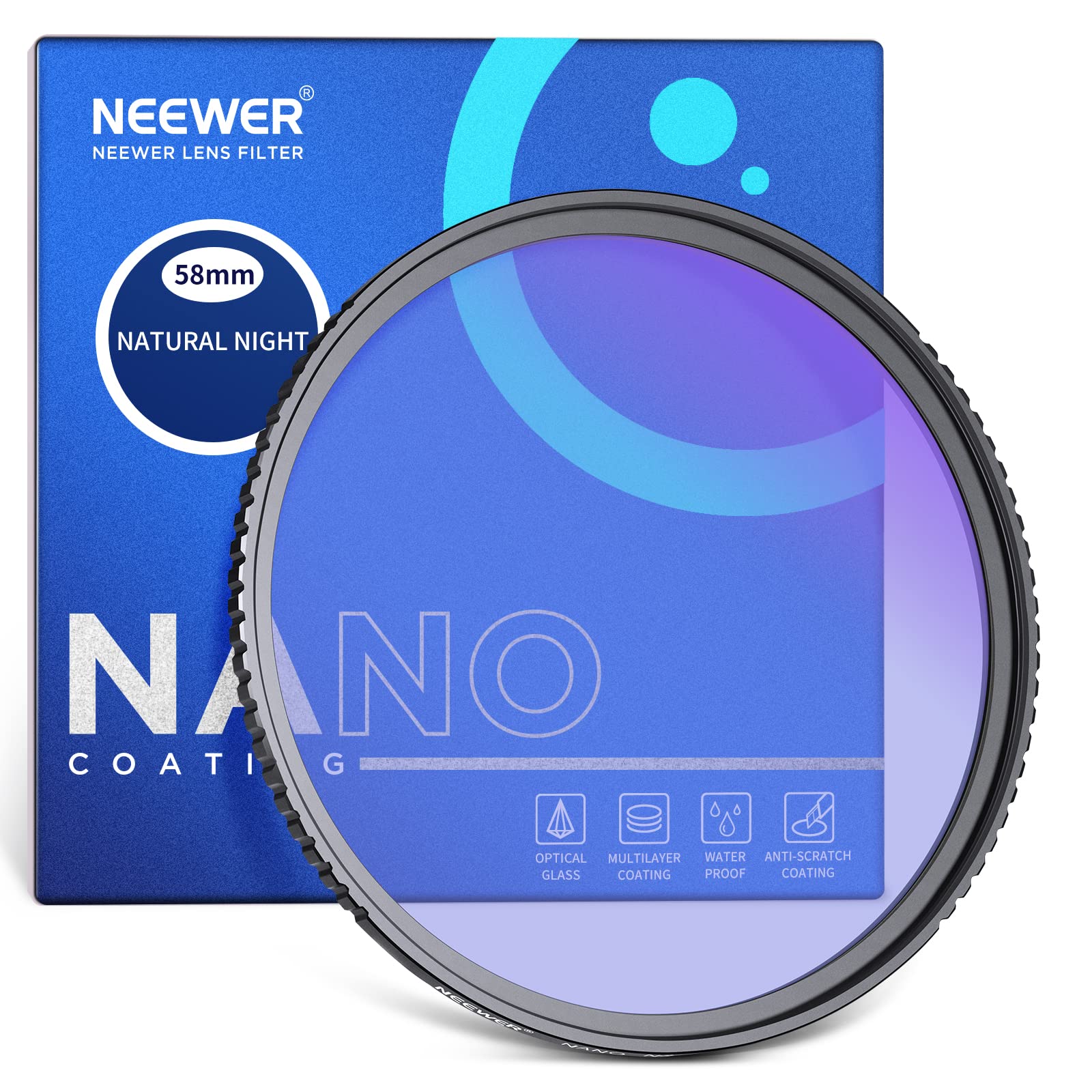 NEEWER 58mm Natural Night Filter with HD Neodymium Glass Build, Light Pollution Reduction Filter with Anti Reflective and Anti Fingerprint Multi Coatings for Night City Sky Shots, No Color Cast