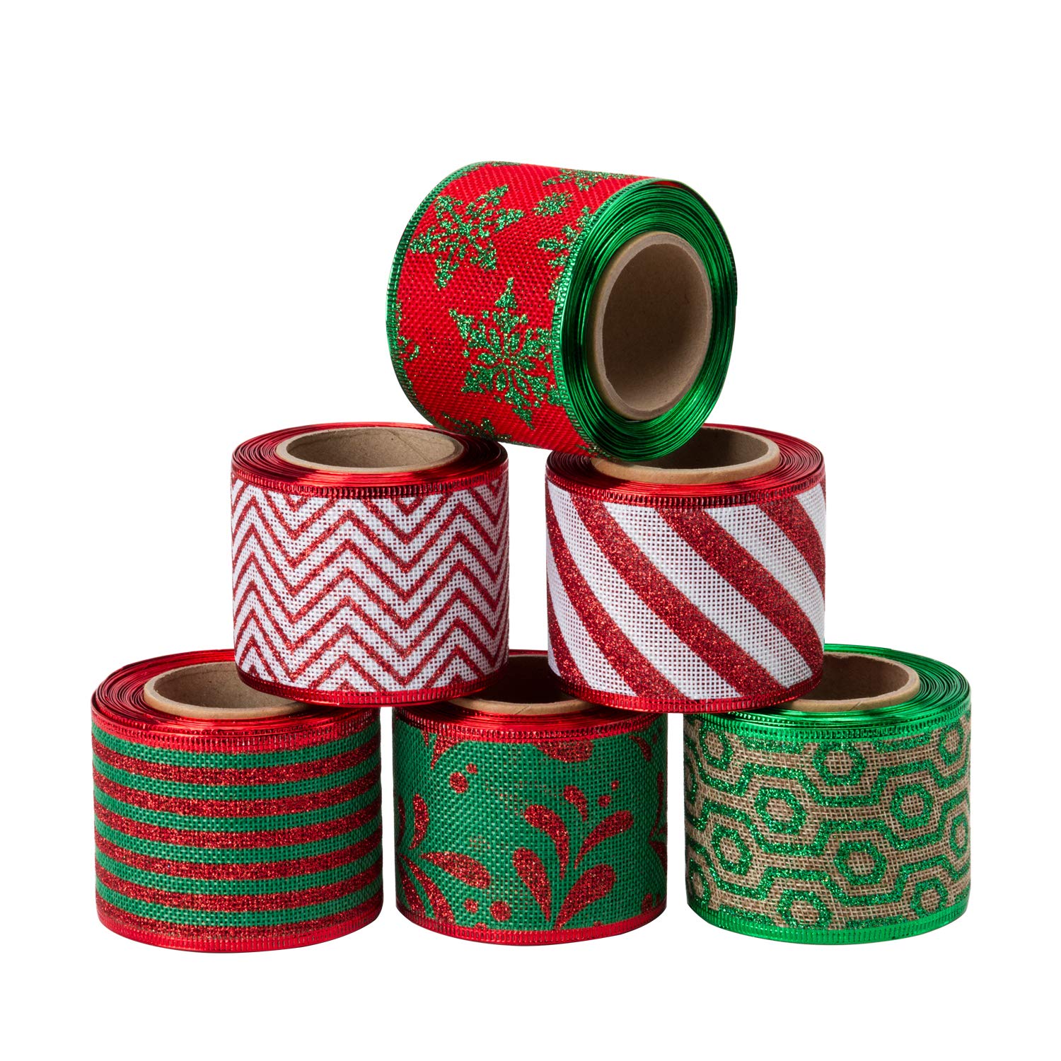 RUSPEPA Christmas Burlap Wired Ribbon - Edged Fabric Ribbon Set Decorative for DIY Crafts and Gift Wrapping - 6 Roll - 63 mm x 5 Yard Spool - Red & Green