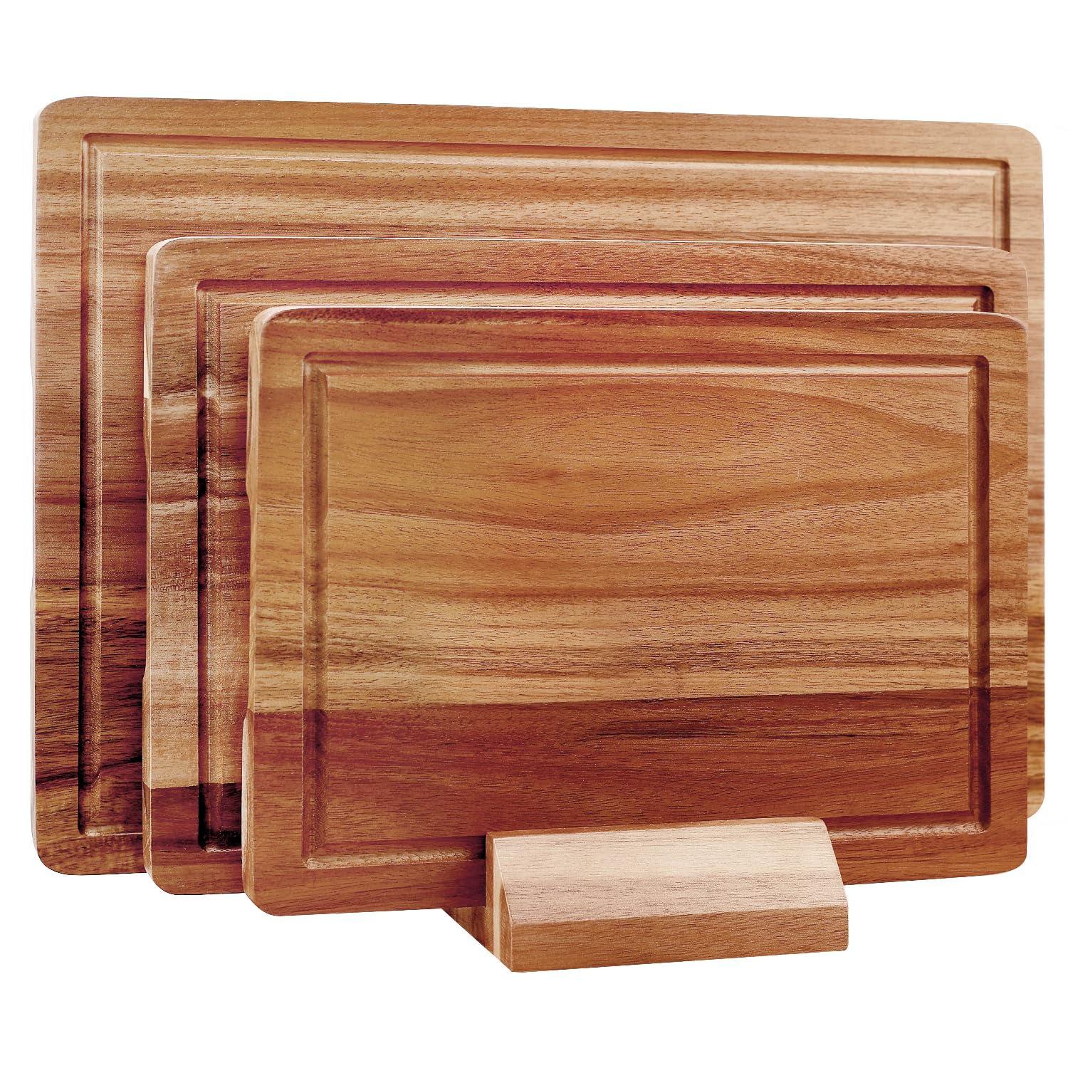 Photo 1 of 3 Pcs Acacia Wood Cutting Board Set with Holder Stand Meat Chopping Board Set Large Charcuterie Boards Solid Wooden Cutting Boards for Kitchen Decor Carving Butcher Block Bread Serving Cheese Board