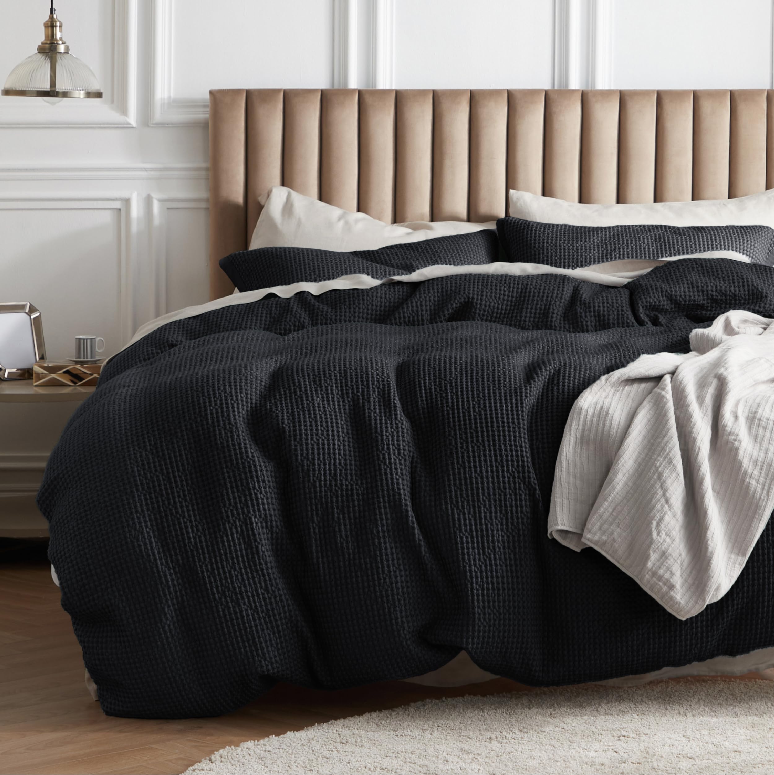 Photo 1 of Bedsure Cotton Duvet Cover King - 100% Cotton Waffle Weave Black Duvet Cover King Size, GentleSoft™ and Breathable Bedding Set for All Season, 3 Pieces, 104"x90"