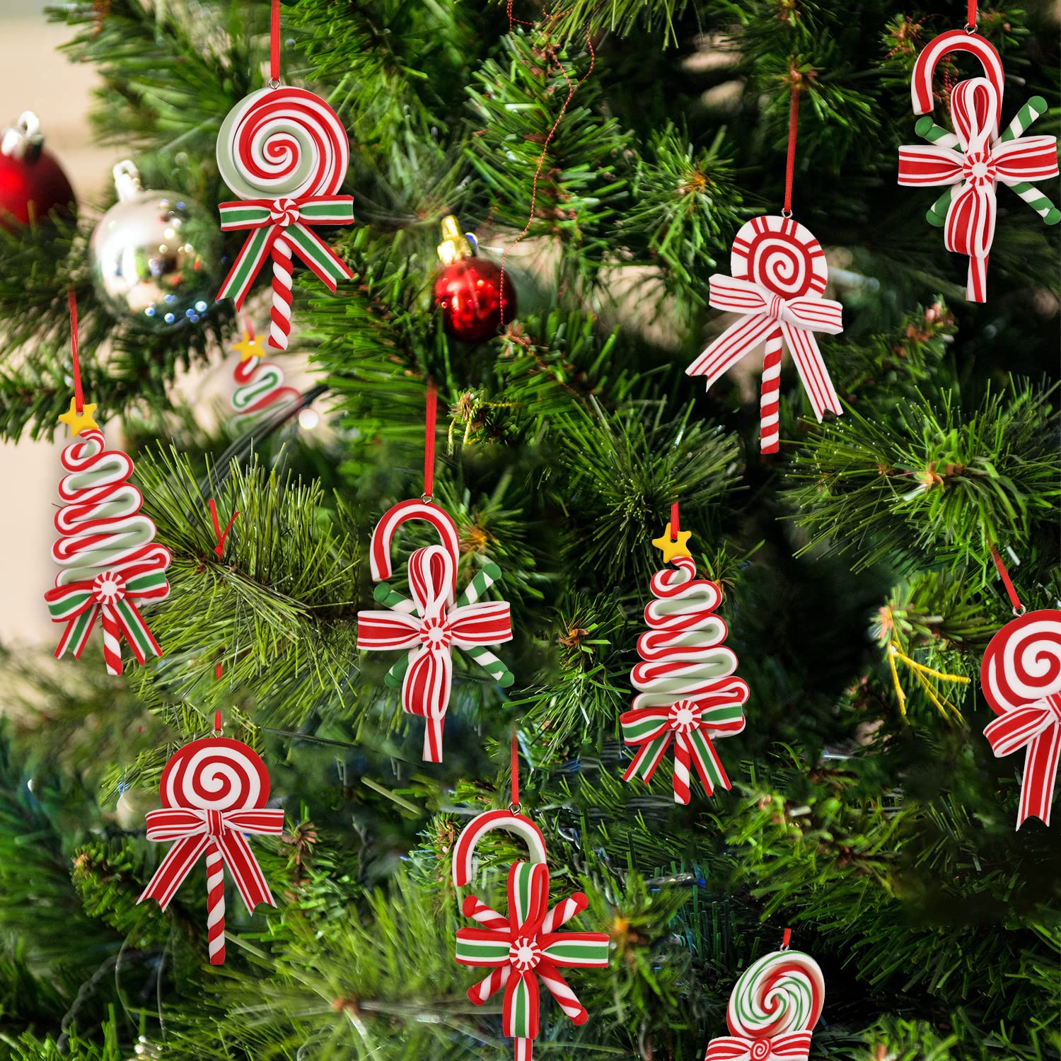 8pcs Christmas Candy Ornaments, Christmas Candy Lollipop Ornament Candy Cane Hanging Decor Christmas Tree Decorations Ornaments Set Fake Candy Decorations for Christmas Tree Wreath