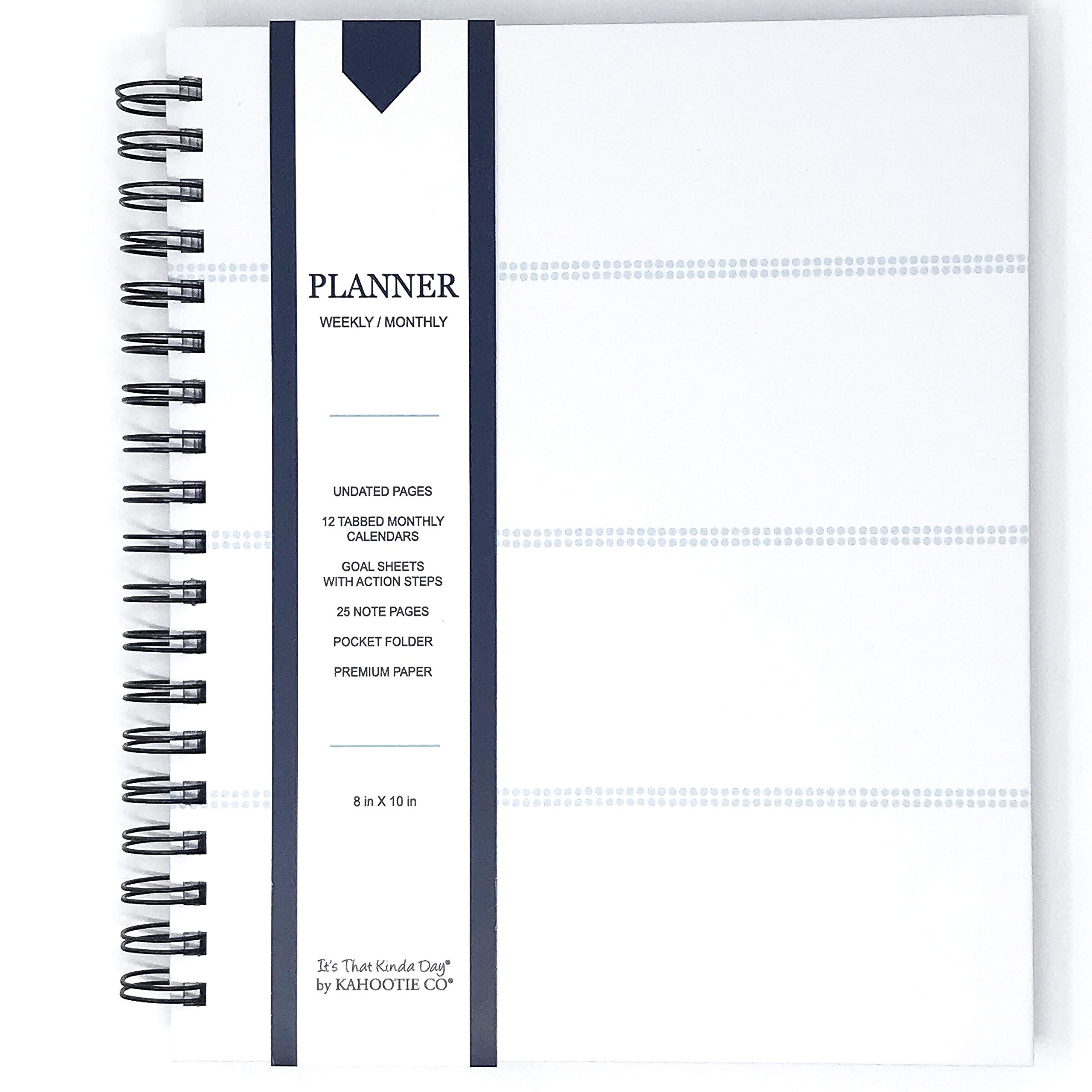 Weekly & Monthly Planner by Kahootie Co, Lightweight White and Teal Mini Stripes Soft Cover, Smooth Matte Finish (8"x10")