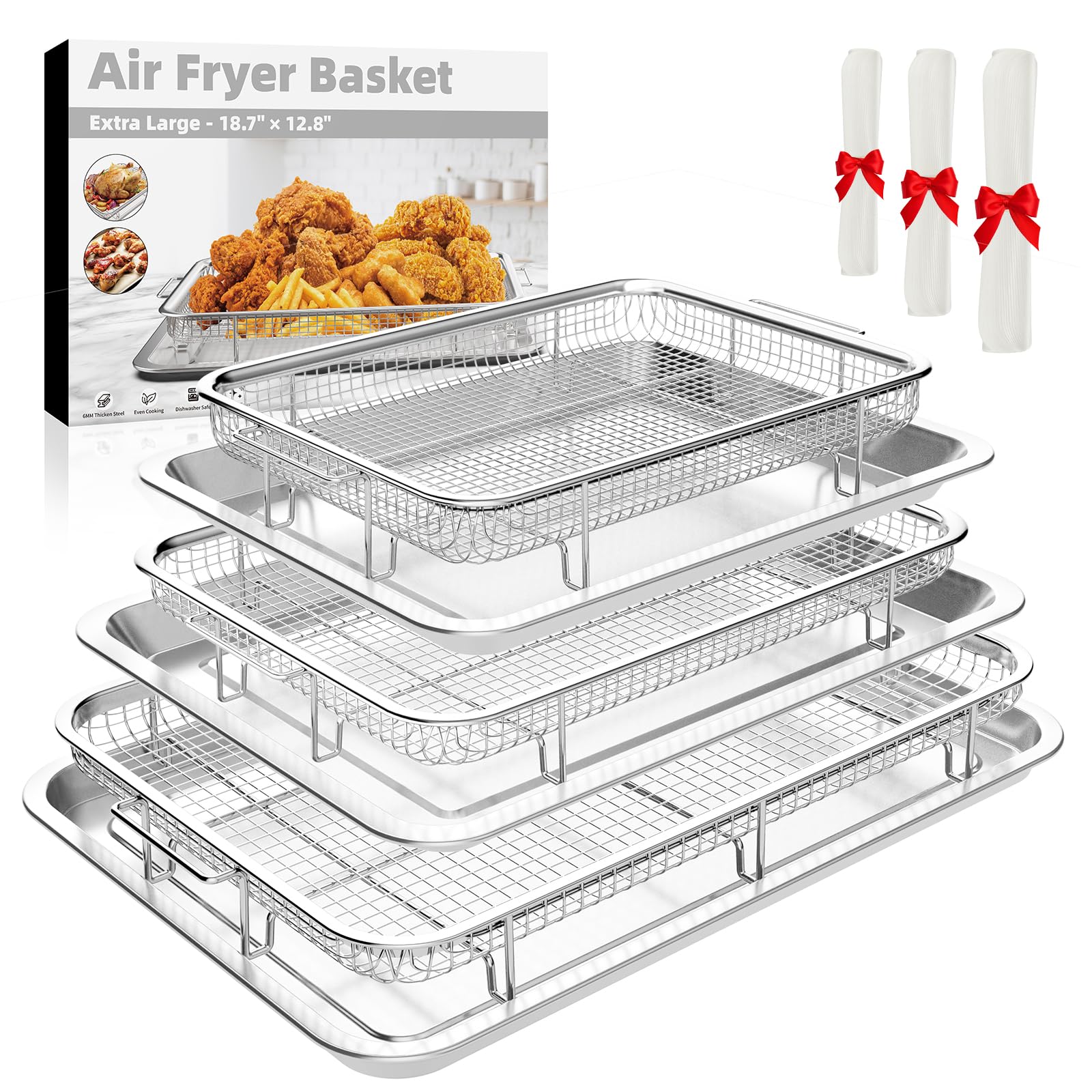 Air Fryer Basket for Oven, 3 Set Stainless Steel Oven Air Fryer Basket and Tray with 90 PCS Parchment Papers,YEPATER Air Fryer Pan and Crisper Tray for Baking Grilling Cooking and Frying Image