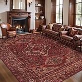 Tangsoo Red Boho 6x9 Washable Area Rugs for Living Room, Non Slip Large Rug | Oriental Indoor Print Carpet, VIntage Soft Low Pile Foldable Floor Rug for Bedroom Dining Room Office Dark Red Home Decor