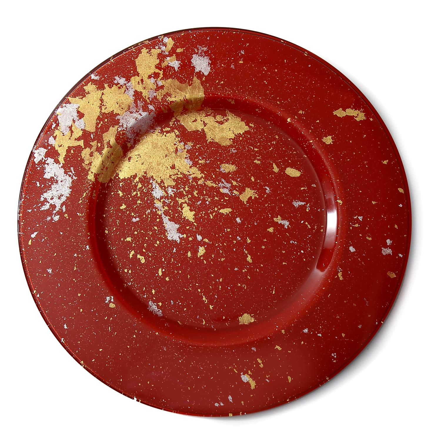 Syosaku Japanese Urushi Glass Charger Plate-L Φ13.9-inch Vermilion with Gold Leaf, Dishwasher Safe