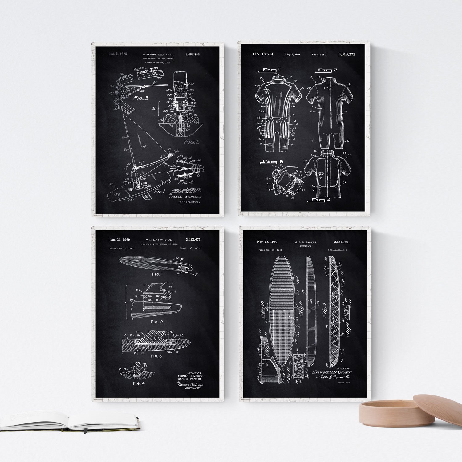 Nacnic BLACK - Pack of 4 sheets with PATENTS SURF. Set posters with inventions and old patents. Choose the color you like. Printed on 250 grams